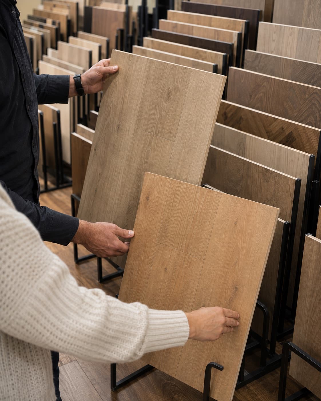 Two people comparing oversized wood flooring samples in a dense showroom rack